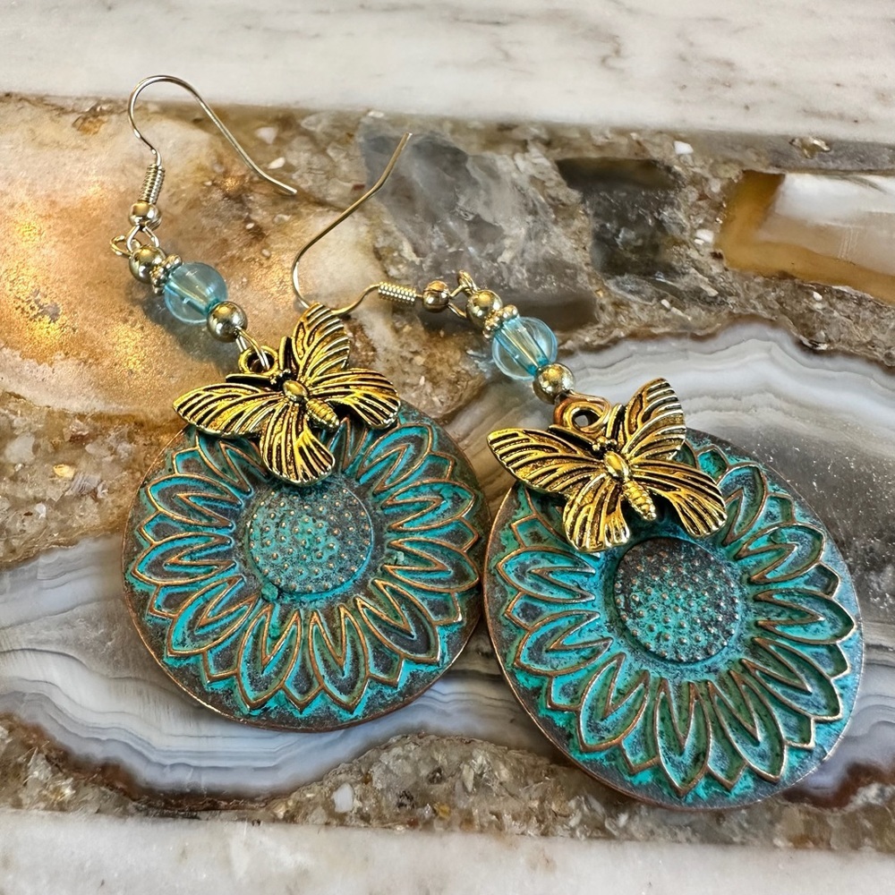 3133 Gold and Turquoise Patina Floral Earrings with Butterfly Accents